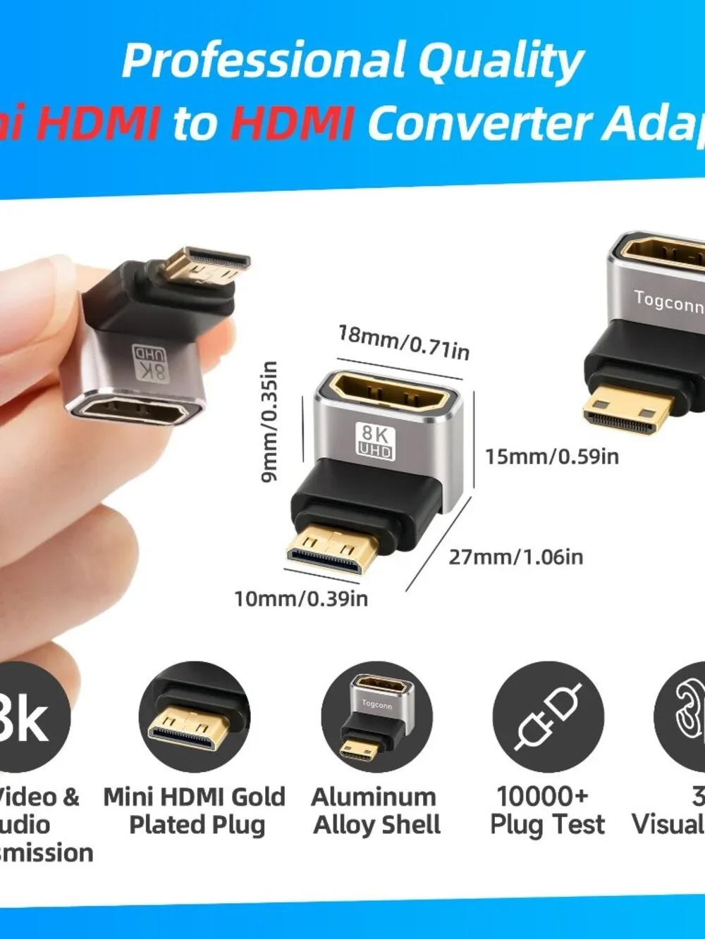 90 Degree Mini HDMI to HDMI Adapter 2 Pack, (Up and Down) Right Angle Mini HDMI